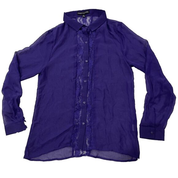 FREE CULTURE Sheer lace Top Button Up Shirt Women L Fairy Boho Whimsy Romantic - Picture 2 of 16